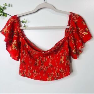 American Eagle Outfitters Red Boho Floral Crop Top Milkmaid NWT!